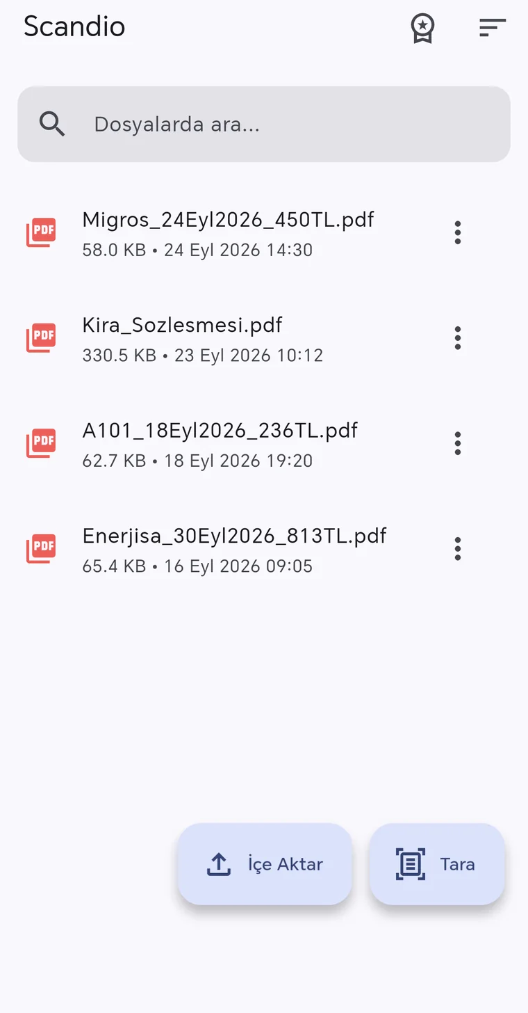 Scandio ana ekranı: Migros_24Eyl2026_450TL.pdf gibi akıllı adlandırılmış belgeler listesi