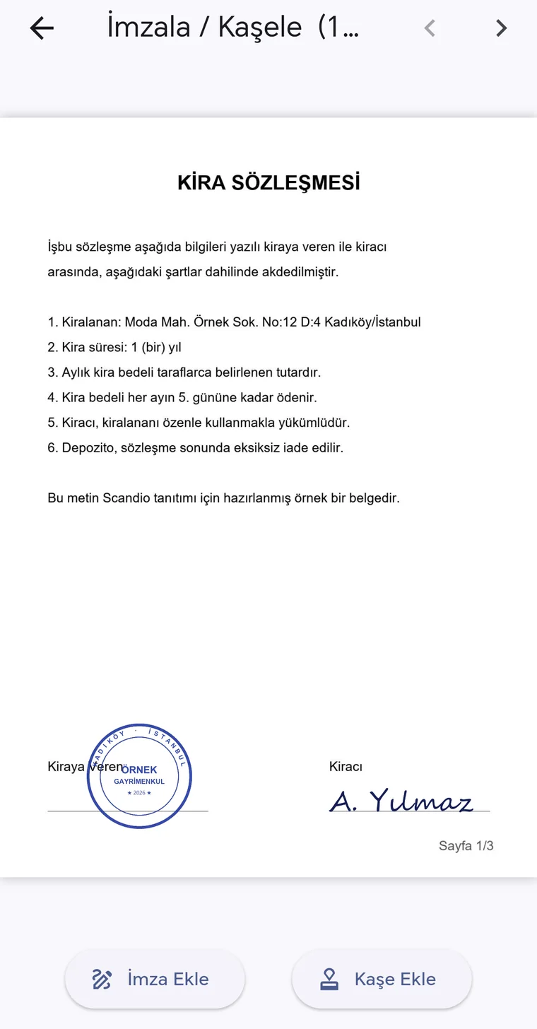 Scandio'da imzalanmış ve kaşelenmiş kira sözleşmesi sayfası