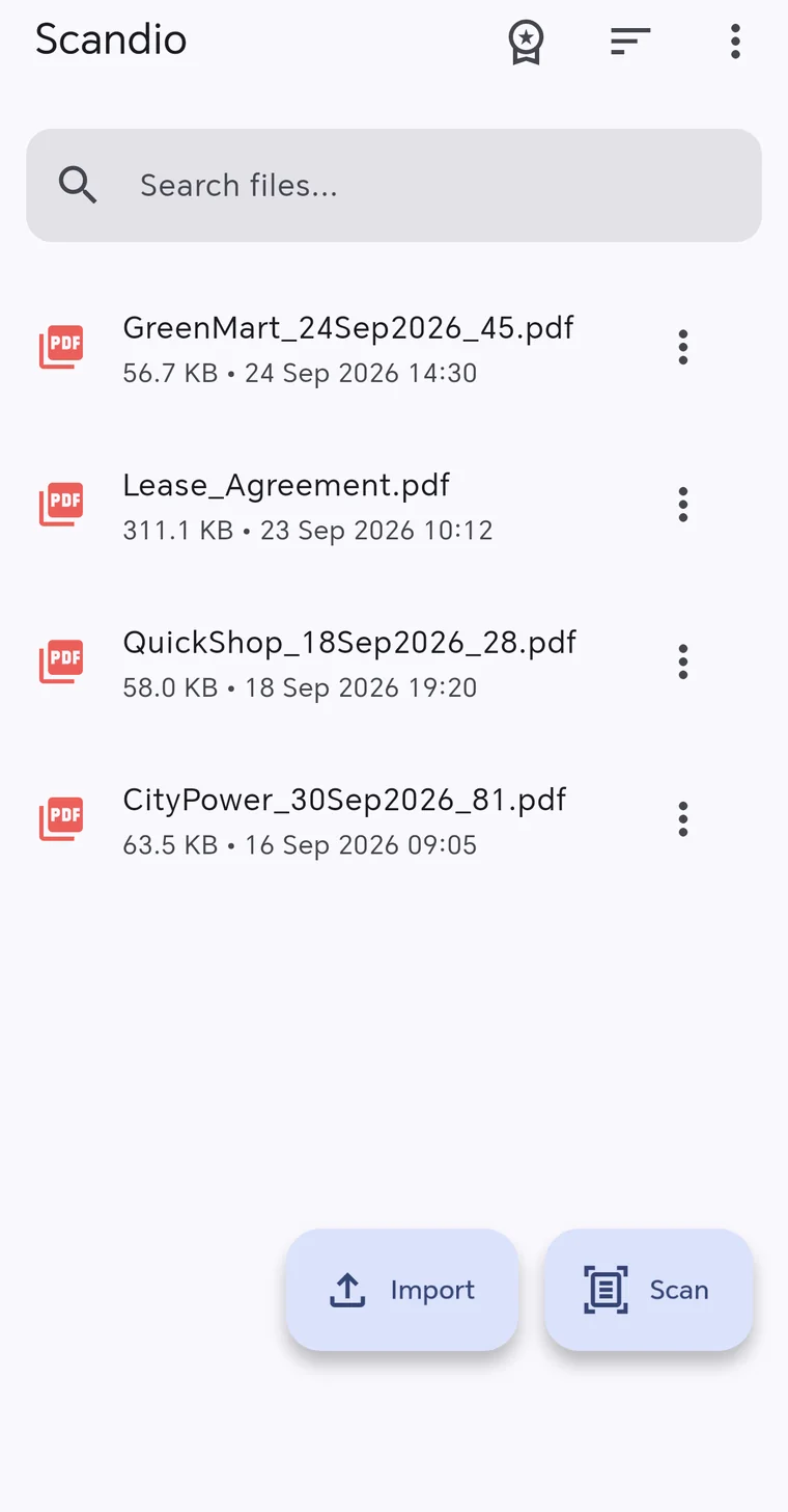 Scandio home screen: a list of smartly named documents such as GreenMart_24Sep2026_45.pdf