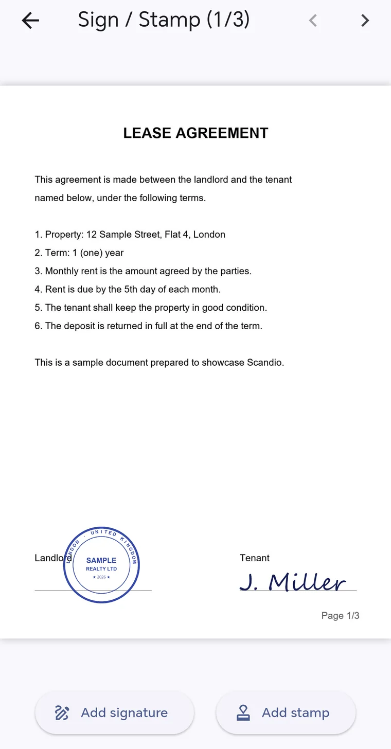 A lease page signed and stamped in Scandio